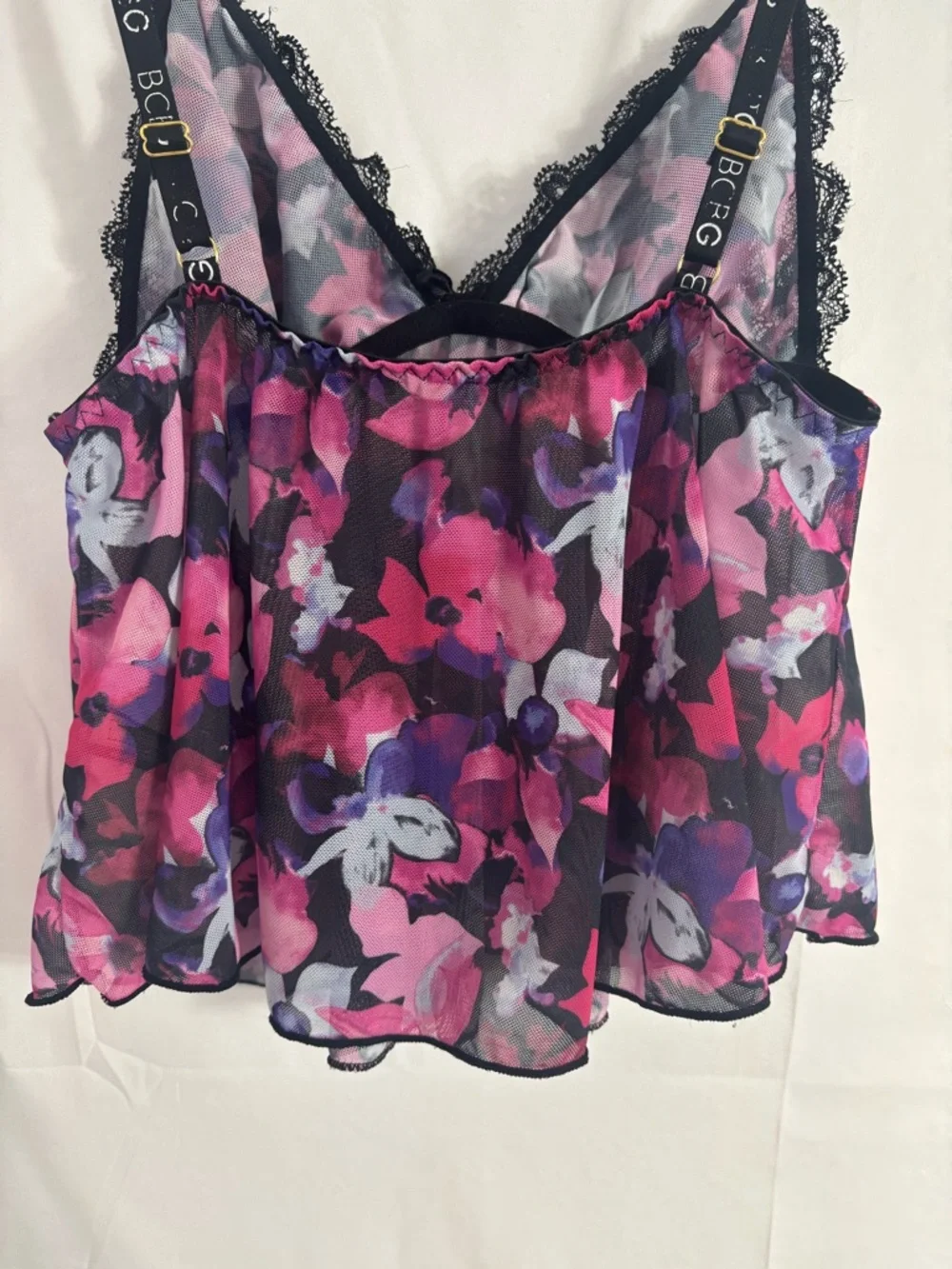 Y2K Black Lace Bust Floral Mesh Babydoll Coquette Fairy Grunge Tank Top Size S-M